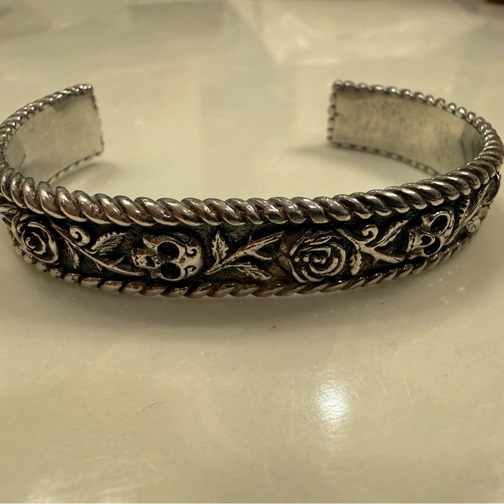 Men’s Clocks and Colours Silver Skull and Rose Cuff Bracelet